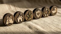 Wooden carved round tokens with engraved icons including home, plant, shield, and hands, arranged in a row on linen fabric background.