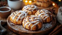 Fresh cinnamon rolls with sweet vanilla glaze and powdered sugar on wooden board, warm morning pastries with coffee and cinnamon sticks in cozy setting.