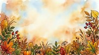 Watercolor autumn border with colorful fall leaves, acorns, berries, and pumpkin on a soft warm background with copy space.