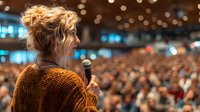 Woman speaker with microphone addressing large audience in conference hall or auditorium during business presentation or corporate event.