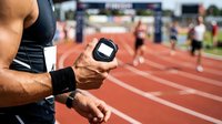 Athlete wearing black sports watch checking time during track and field training session on red running track with blurred competitors in background.