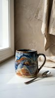 Handmade ceramic mug with blue and orange glazed patterns sits on white marble surface near window with natural light and linen fabric background.