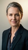 Professional mature businesswoman with gray hair in dark suit smiling confidently at camera for corporate headshot and executive leadership content.