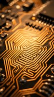 Close-up macro view of golden circuit board traces and electronic pathways with warm lighting creating depth of field blur for technology concepts.