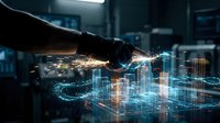 Gloved hand touching a glowing holographic city with sparks, symbolizing smart technology, innovation, and digital urban transformation.
