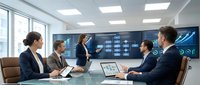 Professional business team meeting in modern conference room with digital dashboard displays showing data analytics and charts on wall screens.