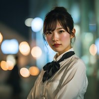 Young Asian businesswoman in white blouse with black bow tie standing confidently against blurred city lights bokeh background at night for corporate portraits.