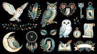 Owl collection with vintage botanical elements, dreamcatcher, moon, keys, and lantern isolated on transparent background. Ready for t-shirt design, clipart, stickers, sublimation, and print-on-demand projects.