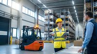 Young Asian female warehouse supervisor in safety vest discussing logistics with male colleague while forklift operates in modern distribution center.