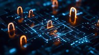 Glowing orange padlock icons on digital circuit pattern background illustrating cybersecurity and data protection concept in modern network technology.