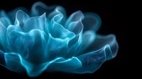 Ethereal glowing blue rose petals emerge from darkness, creating mysterious luminescent floral art with flowing curves and delicate translucent layers.