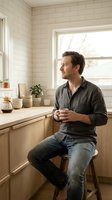Thoughtful Caucasian man in casual shirt enjoying morning coffee in modern kitchen with white subway tiles and natural light streaming through window.