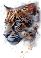 Majestic leopard head with piercing blue eyes and detailed spotted fur pattern against misty background, artistic wildlife portrait in brown and blue tones.