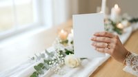Close-up of a woman's hand holding a blank white card near a wooden table decorated with white flowers, greenery, and candles for wedding or event planning purposes.
