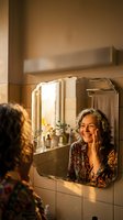 Mature Hispanic woman with curly gray hair smiling at her reflection in bathroom mirror during golden hour morning routine with warm natural lighting.