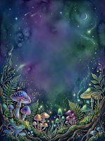 Enchanted forest floor with glowing mushrooms, ferns, and magical plants beneath starry night sky with crescent moon and shooting stars, creating mystical woodland fantasy atmosphere.
