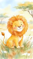 Cute cartoon lion sitting in African savanna grassland with acacia trees, watercolor style children book illustration for nursery decor and educational materials.