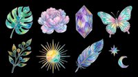 Mystical botanical clipart set with leaf, peony, crystal, butterfly, branch, sun, feather, star, and moon isolated on transparent background for stickers, sublimation, t-shirt design.