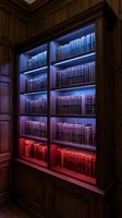 Elegant wooden bookshelf with LED strip lighting displaying classic leather-bound books in luxury home library interior with rich wood paneling.