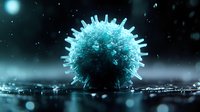 Microscopic virus particle with spike proteins glowing in turquoise against dark background, suitable for medical, scientific, and healthcare educational materials.