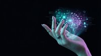 Female hand holding glowing digital network interface with holographic data visualization, circuit patterns and connected nodes on dark background for technology and innovation concepts.