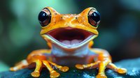 Orange tree frog with wide smile and big black eyes in macro photography against blurred green background, showing bright yellow-orange skin and white belly.