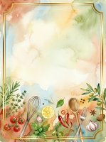 Watercolor cooking background with fresh ingredients, kitchen utensils, and herbs arranged around golden frame border on soft pastel wash. Ideal for recipe cards, culinary blogs, and food-related designs.