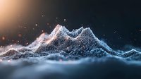 Digital mountain landscape with glowing wireframe terrain and particles floating in dark atmosphere, surrounded by low-lying clouds and ambient light effects.