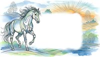 Majestic white unicorn galloping through enchanted landscape with sunrise, trees and flowing mane creating magical fantasy frame with copy space for text design.