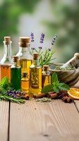 Essential oils in glass bottles with fresh herbs, spices and lavender on rustic wooden table for aromatherapy, natural wellness and spa treatments.