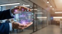Businessman hands protecting holographic financial data charts and graphs in modern office environment for business analytics and investment planning.