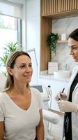 Female dermatologist consulting with middle-aged Caucasian woman patient about facial treatment in modern medical clinic with natural lighting and plants.