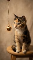 Adorable tortoiseshell kitten sitting on wooden stool playing with hanging bell toy in warm studio lighting for pet care and animal behavior concepts.