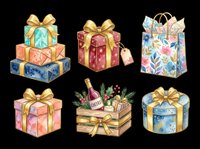 Colorful gift boxes with gold bows, shopping bags, and wrapped presents isolated on transparent background. Ready for t-shirt designs, clipart, stickers, sublimation, and print-on-demand projects.