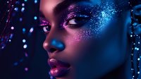 Young African American woman with glitter makeup and creative neon lighting in pink and blue colors, dramatic beauty portrait with sparkles and artistic cosmetics effect.