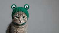 Adorable tabby kitten wearing green knitted frog hat with googly eyes on neutral background for pet costume and animal humor concepts.