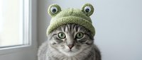 Adorable tabby cat wearing green knitted frog hat with bulging eyes, sitting by window. Cute pet costume for social media, greeting cards, humor content.