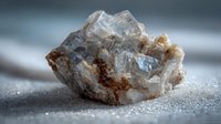 Natural quartz crystal cluster with clear transparent formations and brown matrix on textured surface for geology education and mineral collection displays.