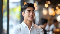 Young Asian male professional wearing white collared shirt smiling in modern office environment with blurred colleagues and warm lighting in background.