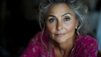 Mature woman with silver gray hair in burgundy blouse smiling warmly at camera. Natural aging beauty portrait for lifestyle and wellness content.