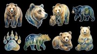 Watercolor bear sticker set isolated on transparent background, featuring grizzly, black bear, cub, paw print, and forest scenes, ready for clipart, t-shirt design, and print on demand.