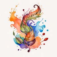 Vibrant watercolor feather with splashes of orange, blue and purple, flowing organic shapes and decorative swirls on white background, artistic nature element.