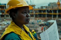 African female construction engineer in yellow hard hat and safety vest reviewing blueprints at building site, showing leadership and expertise in construction industry.