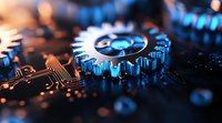 Metallic gear wheel mechanism on circuit board with blue technology lighting effect, close-up view showing industrial automation and engineering concept.