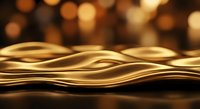 Golden flowing silk fabric waves with warm bokeh lights creating luxurious abstract background for premium design projects and elegant presentations.