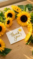 Bright sunflowers surrounding a thank you card on a wooden table, warm sunlight, cheerful gratitude concept for greeting cards and social media.
