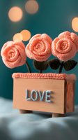 Delicate coral knitted roses in wooden box with silver love text against blurred turquoise background with bokeh lights, romantic Valentine's day composition.