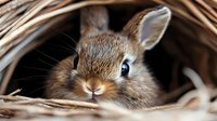 Adorable brown bunny with bright blue eyes peeking through dry grass and straw, close-up portrait of young rabbit hiding in natural nest environment.