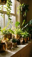 Cozy windowsill with lush tropical houseplants in golden pots, a sleeping cat, and warm sunlight streaming through vintage windows.