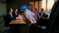 Businessman with dark skin tone holding transparent digital tablet displaying holographic data visualization during corporate meeting with colleagues in modern office with city skyline view for business technology and innovation concepts.
